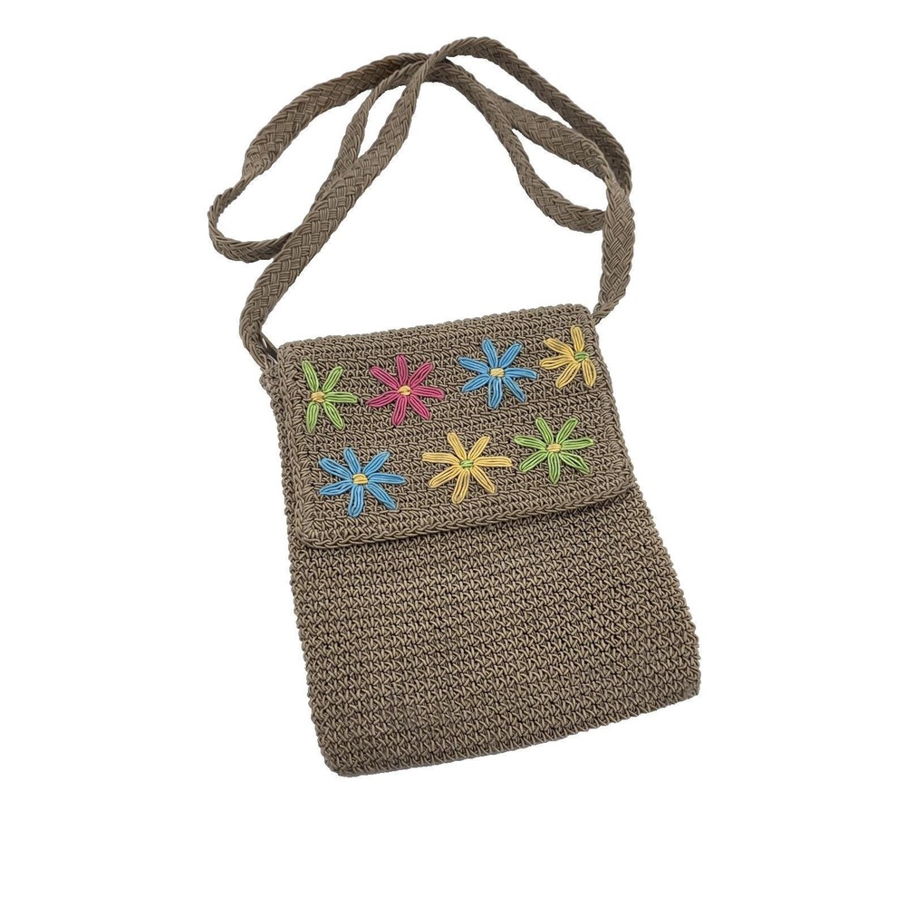 Vintage Woven Crossbody Bag Crochet Flower Embroider Y2K Cottagecore‎ Boho 90's